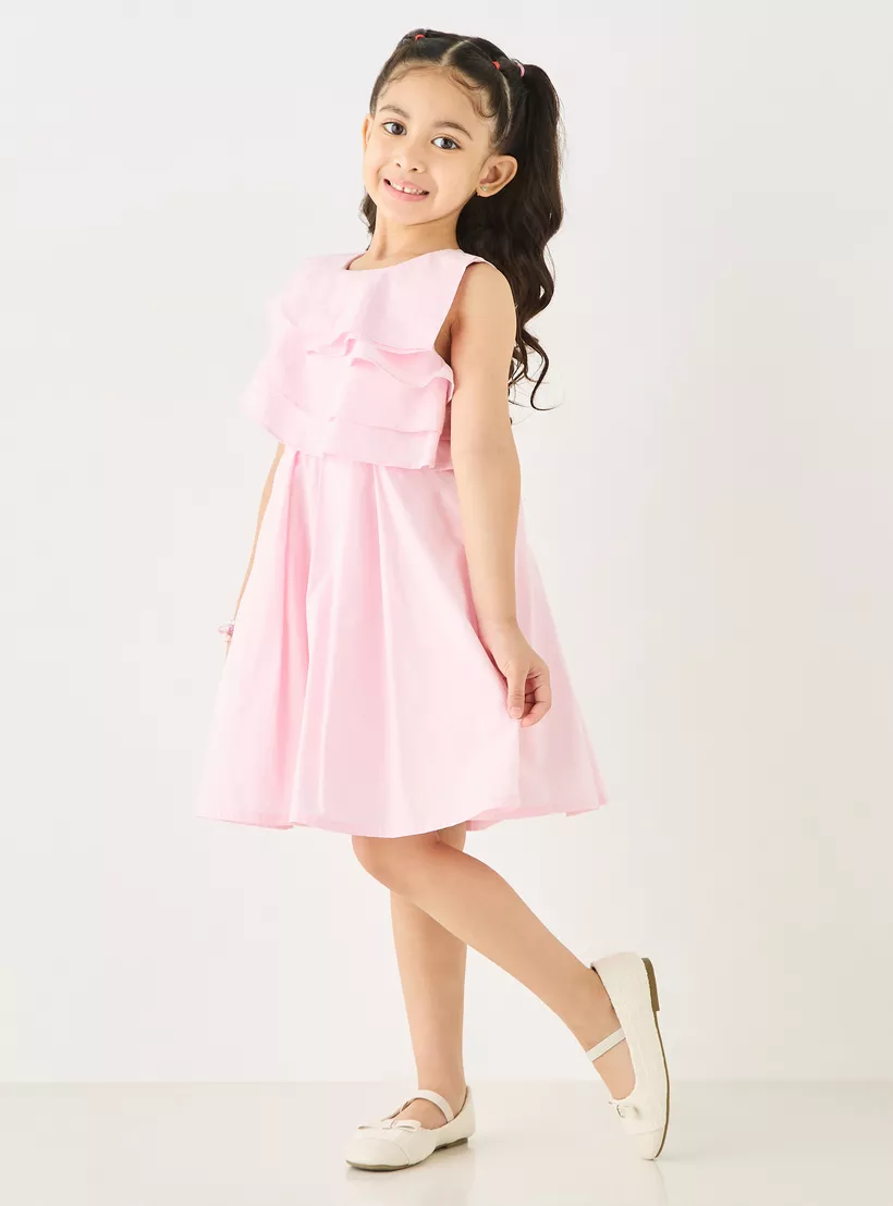 Juniors Solid Sleeveless A-line Dress with Ruffle Detail and Zip Closure-2