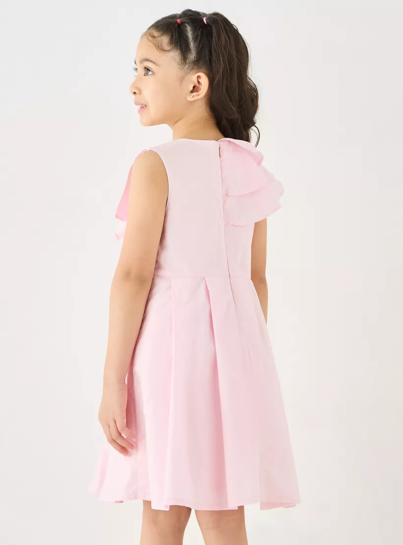 Juniors Solid Sleeveless A-line Dress with Ruffle Detail and Zip Closure-3
