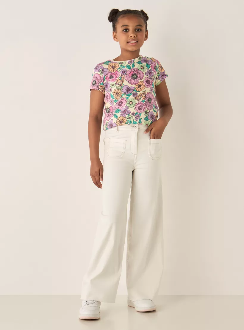 Juniors Solid Wide Leg Jeans with Button Closure and Pockets-2