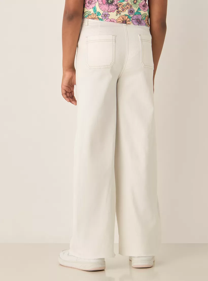 Juniors Solid Wide Leg Jeans with Button Closure and Pockets-3