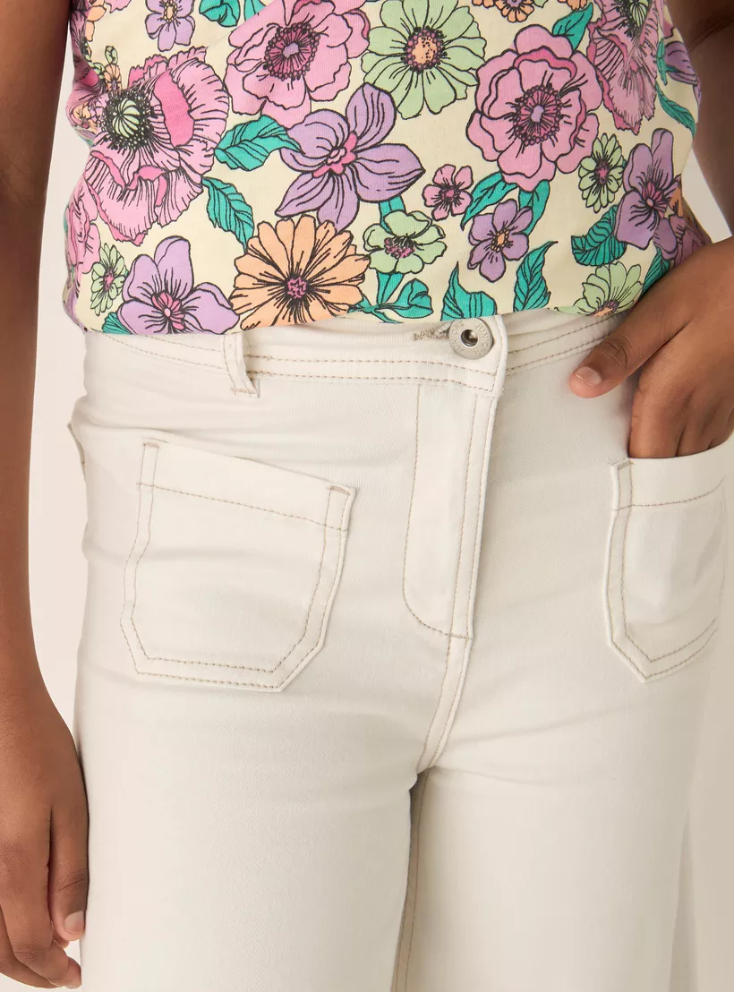 Juniors Solid Wide Leg Jeans with Button Closure and Pockets-4