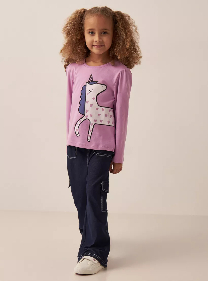 Juniors Unicorn Print T-shirt with Long Sleeves-2