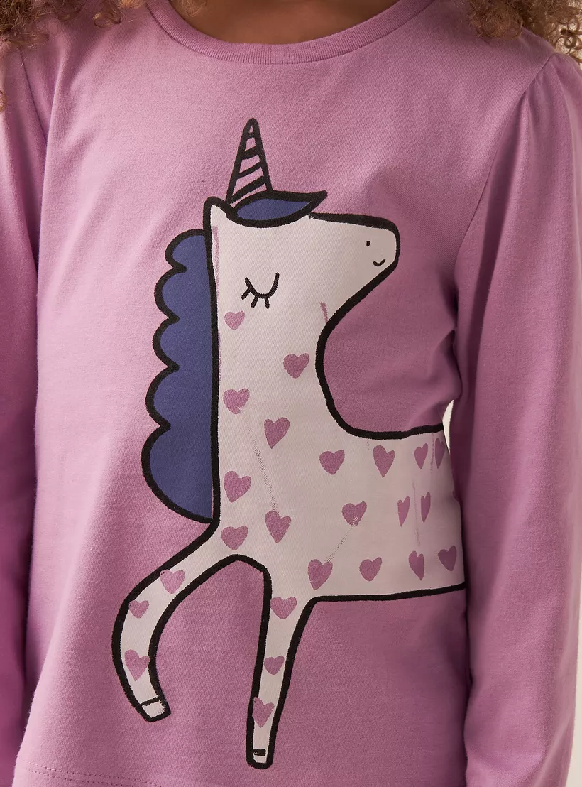 Juniors Unicorn Print T-shirt with Long Sleeves-4