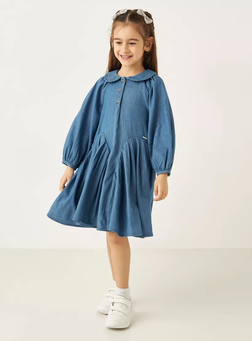 Lee Cooper Solid Denim A-line Dress with Peter Pan Collar and Long Sleeves-2