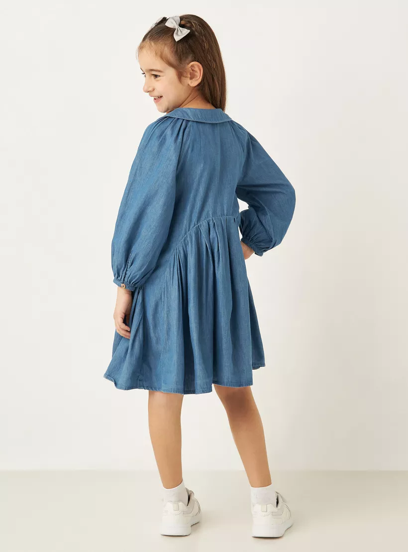 Lee Cooper Solid Denim A-line Dress with Peter Pan Collar and Long Sleeves-3