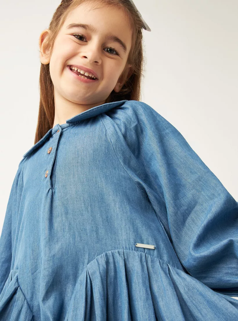 Lee Cooper Solid Denim A-line Dress with Peter Pan Collar and Long Sleeves-4