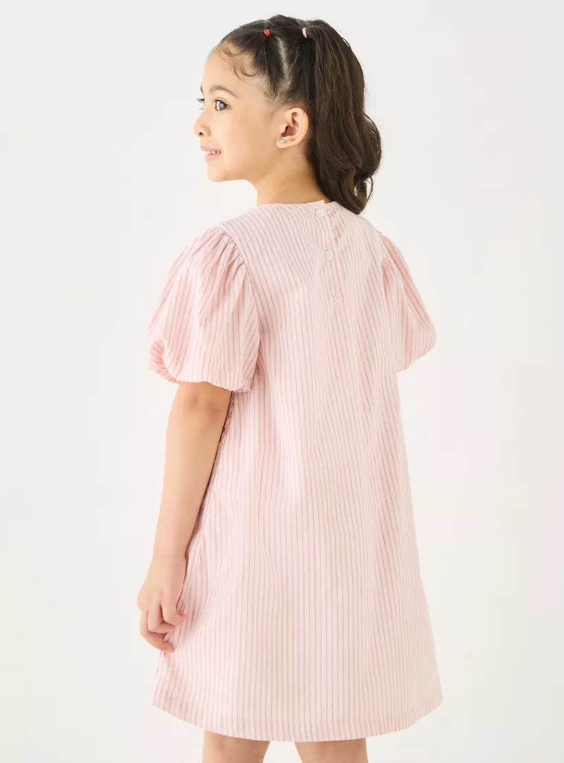 Lee Cooper Striped A-Line Dress with Smocked Detail and Puff Sleeves-3
