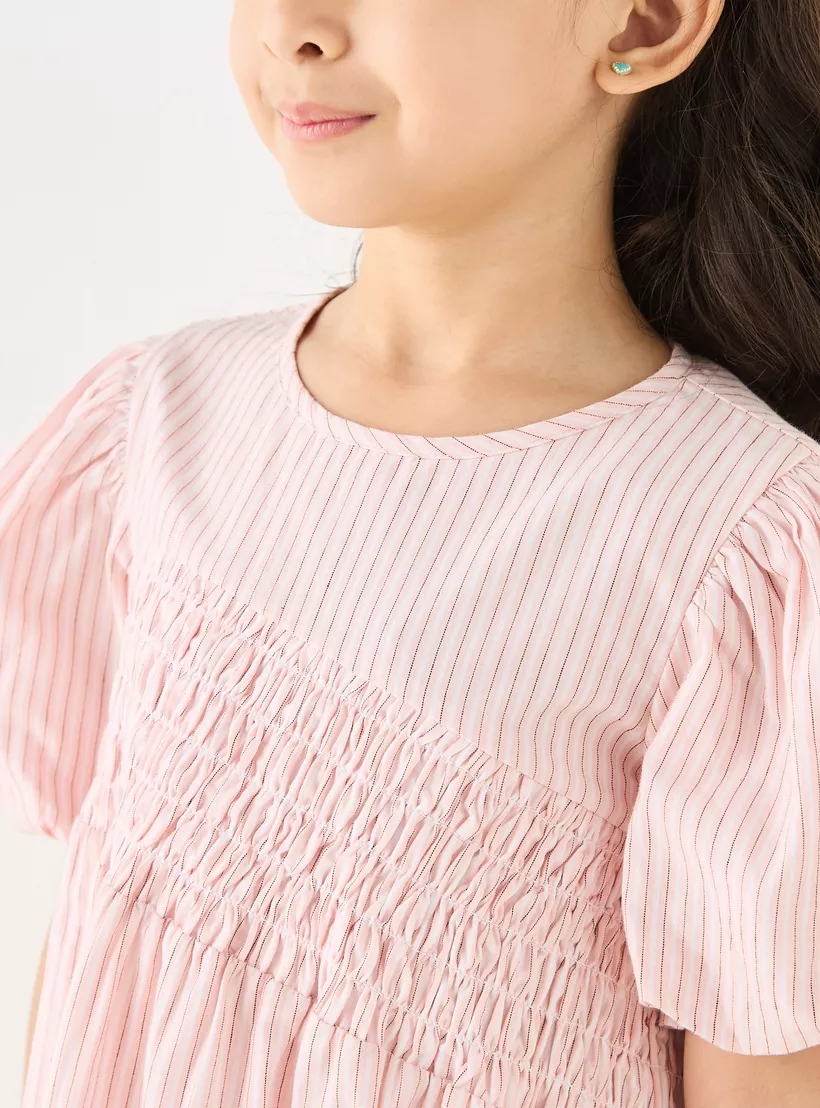 Lee Cooper Striped A-Line Dress with Smocked Detail and Puff Sleeves-4