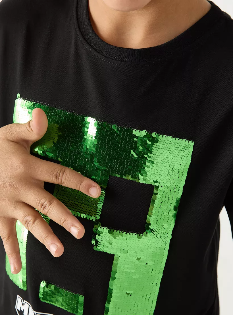 Minecraft Sequin Embellished T-shirt with Short Sleeves-4
