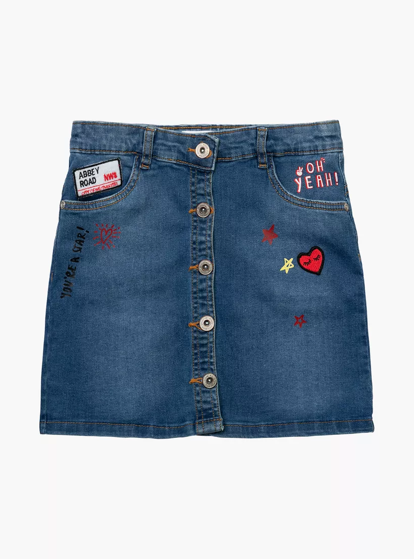 Minoti Embroidered Denim Skirt with Patches-2