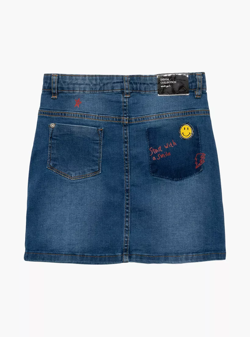 Minoti Embroidered Denim Skirt with Patches-3