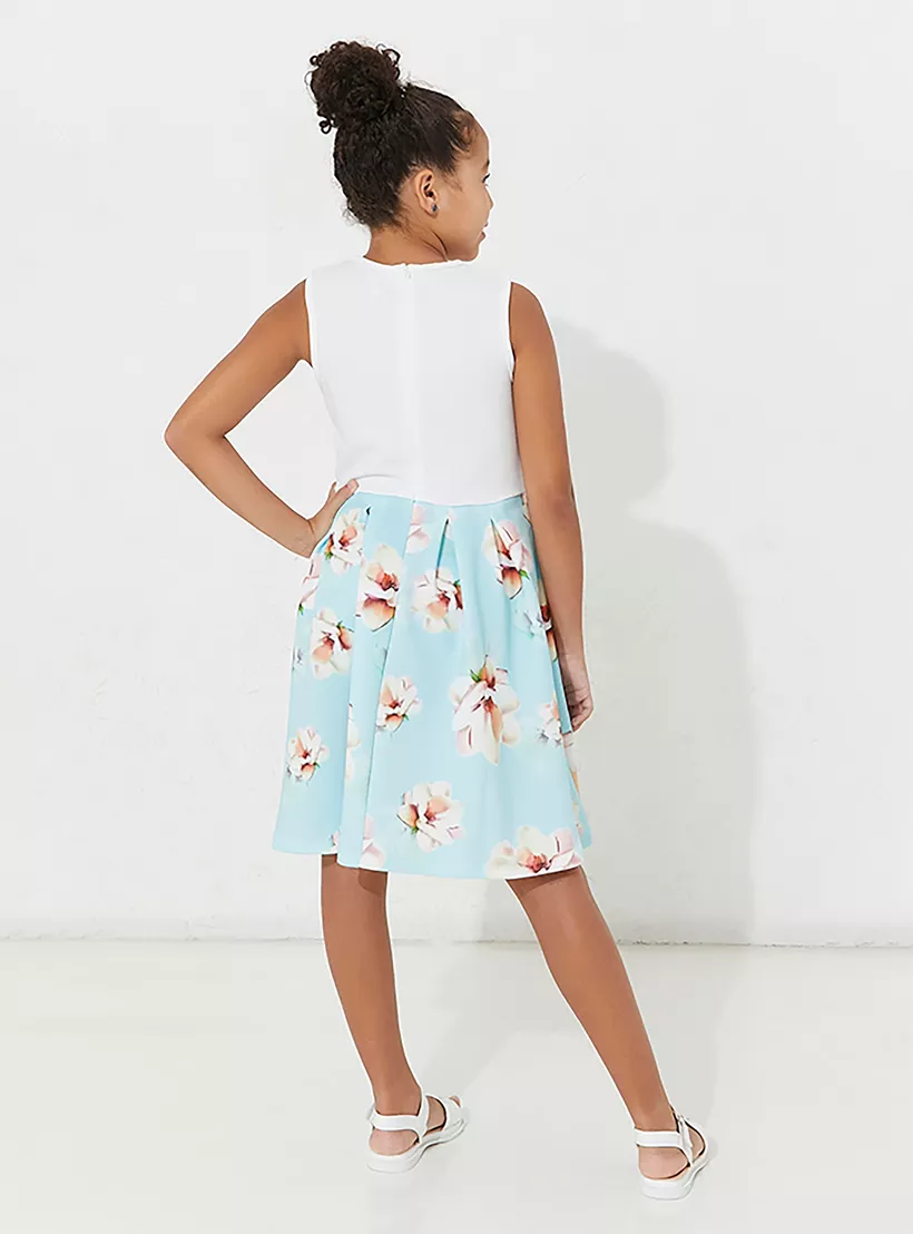 Neon Floral Printed Sleeveless Fit & Flared Dress-2