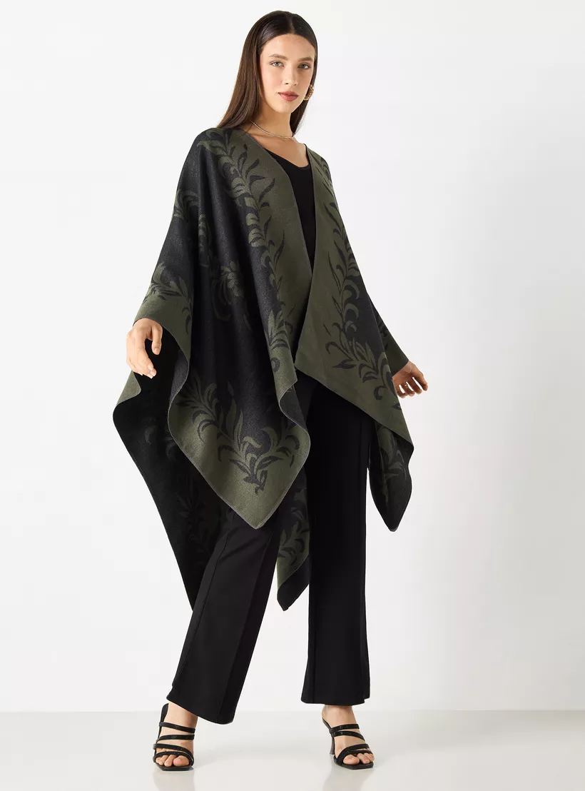 Printed Asymmetric Open Front Poncho Shawl-2