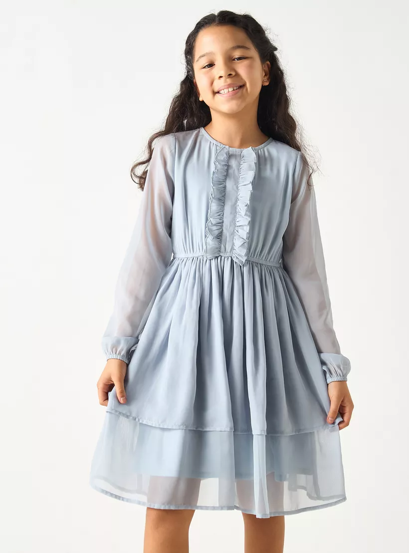 Si Noir Solid Layered Dress with Ruffle Detail - for Girls-3