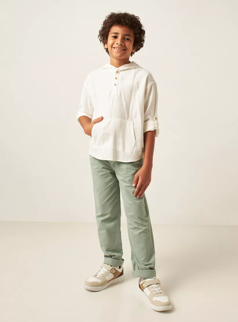 Solid Hooded Shirt with Kangaroo Pocket-2