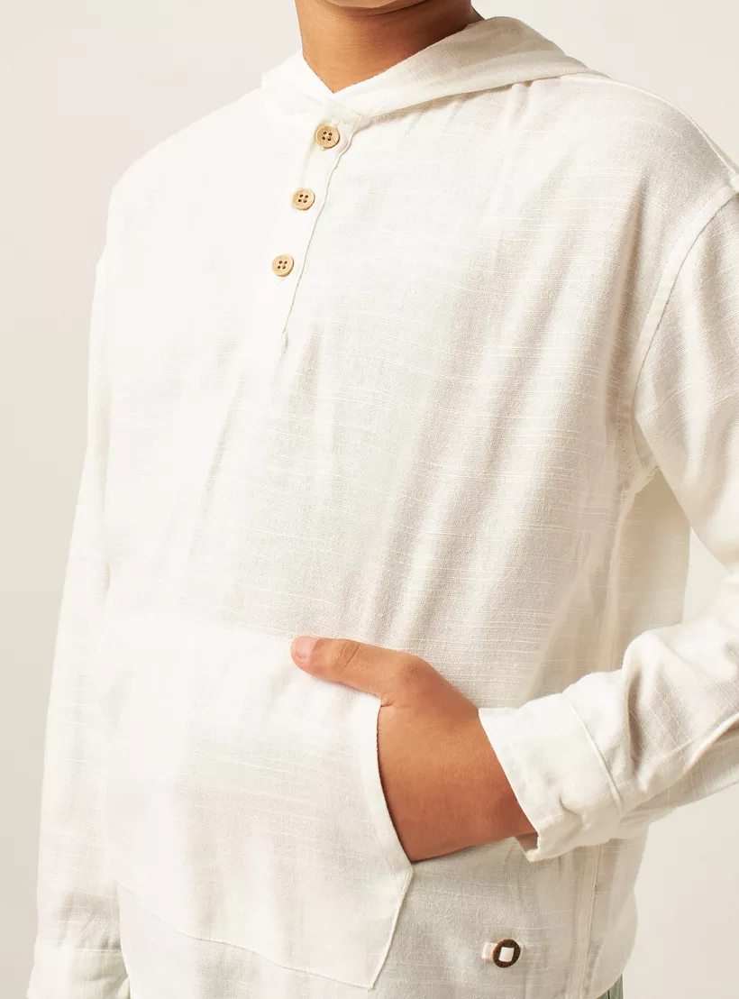 Solid Hooded Shirt with Kangaroo Pocket-3