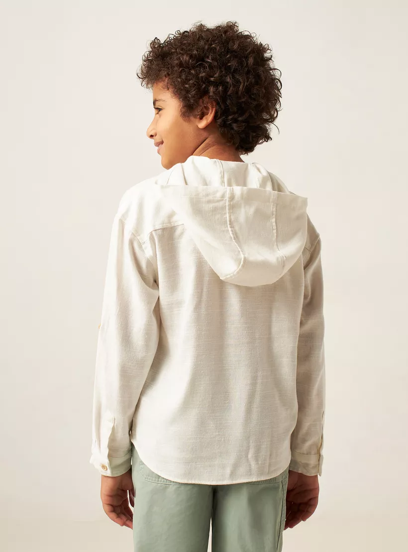 Solid Hooded Shirt with Kangaroo Pocket-4