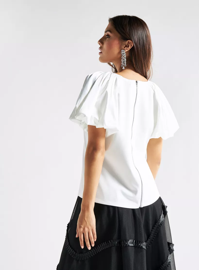 Solid Round Neck Satin Top-3