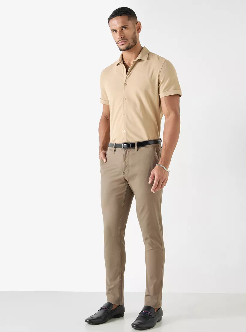 Textured Slim Fit Shirt with Short Sleeves-beige-2