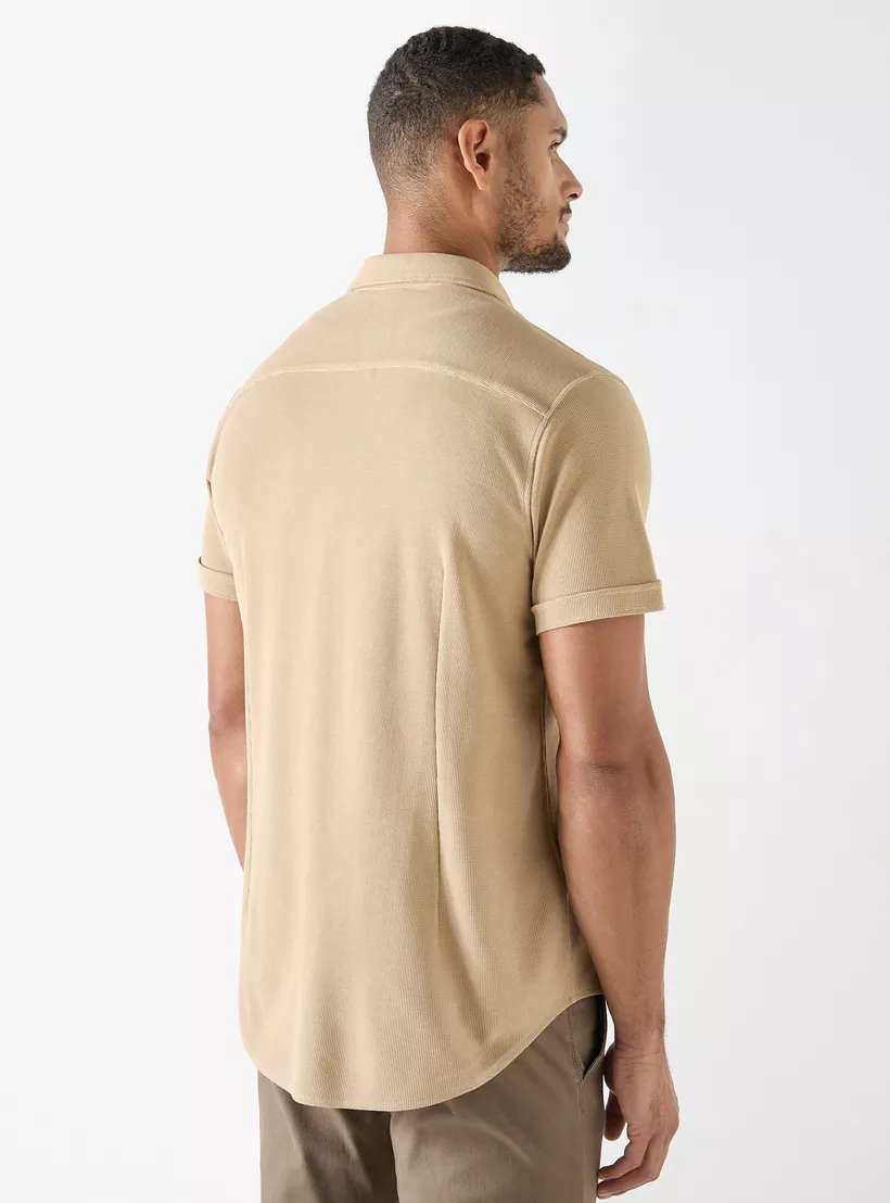 Textured Slim Fit Shirt with Short Sleeves-beige-3