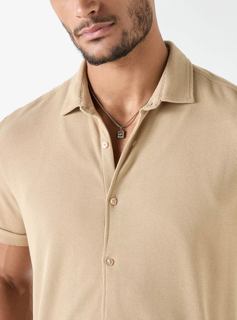 Textured Slim Fit Shirt with Short Sleeves-beige-4
