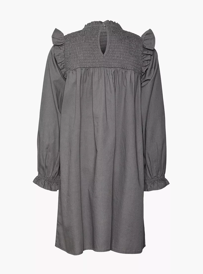 Vero Moda Girl Solid A-line Mini Dress with Shirring Detail and Long Sleeves-2
