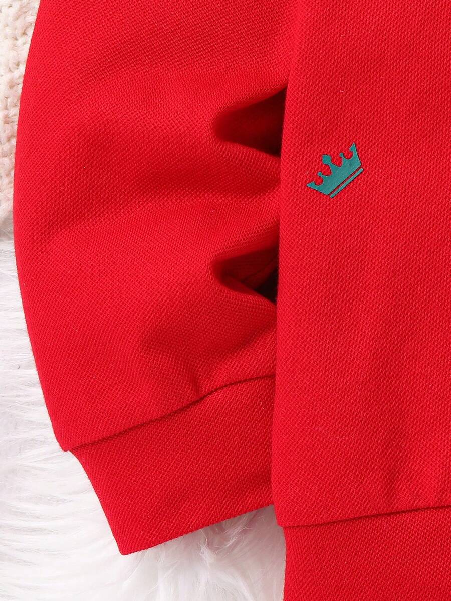 SHEIN 1pc Young Boy Casual College Style Crown Pattern Long Sleeve Polo Shirt-3