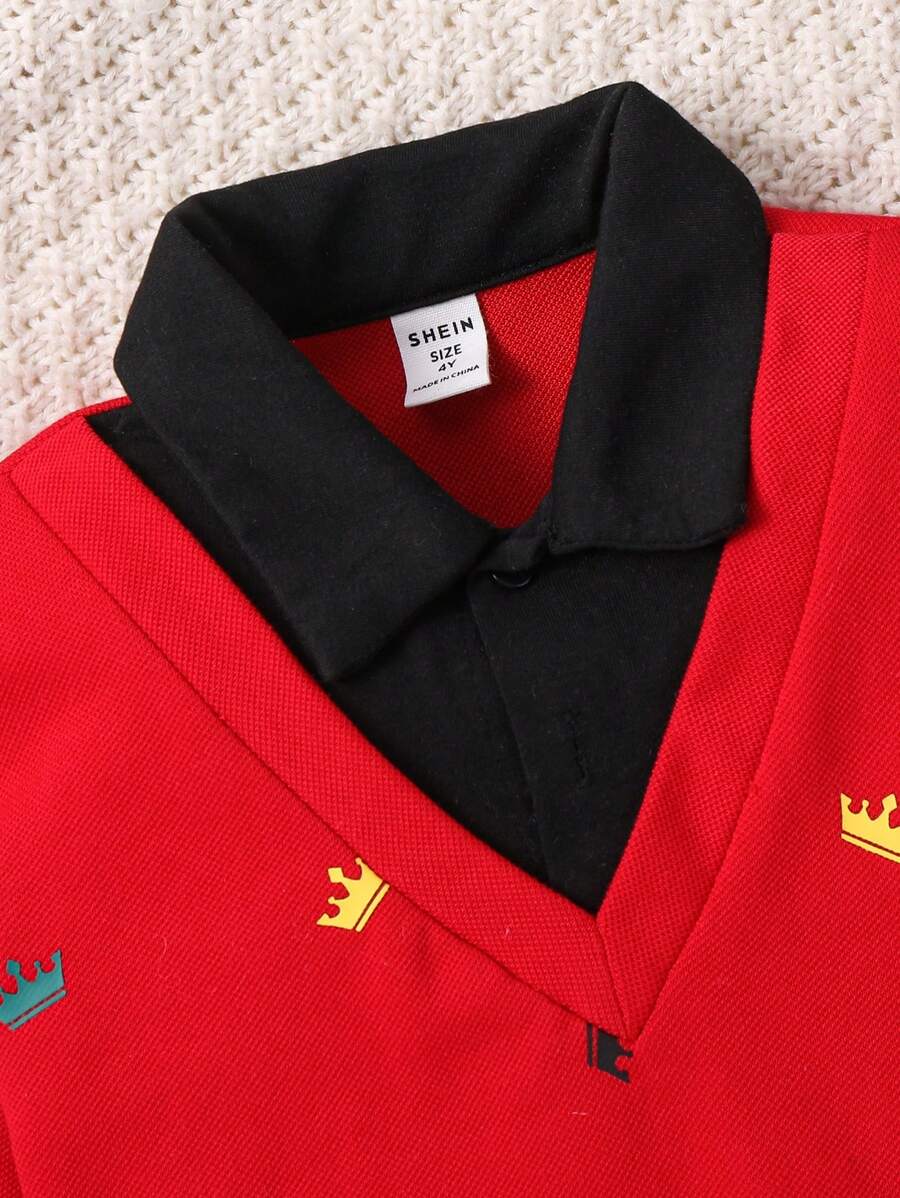 SHEIN 1pc Young Boy Casual College Style Crown Pattern Long Sleeve Polo Shirt-4