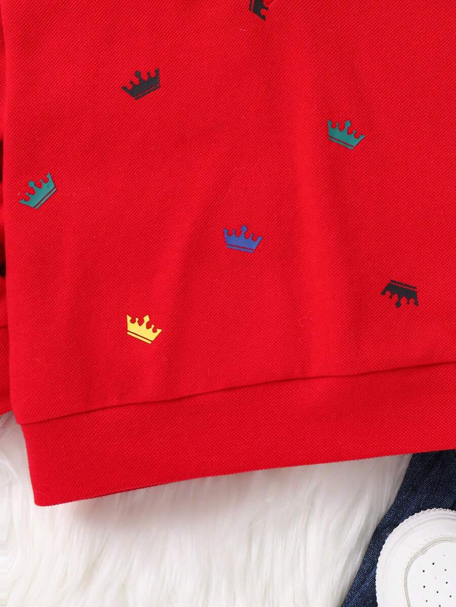 SHEIN 1pc Young Boy Casual College Style Crown Pattern Long Sleeve Polo Shirt-5