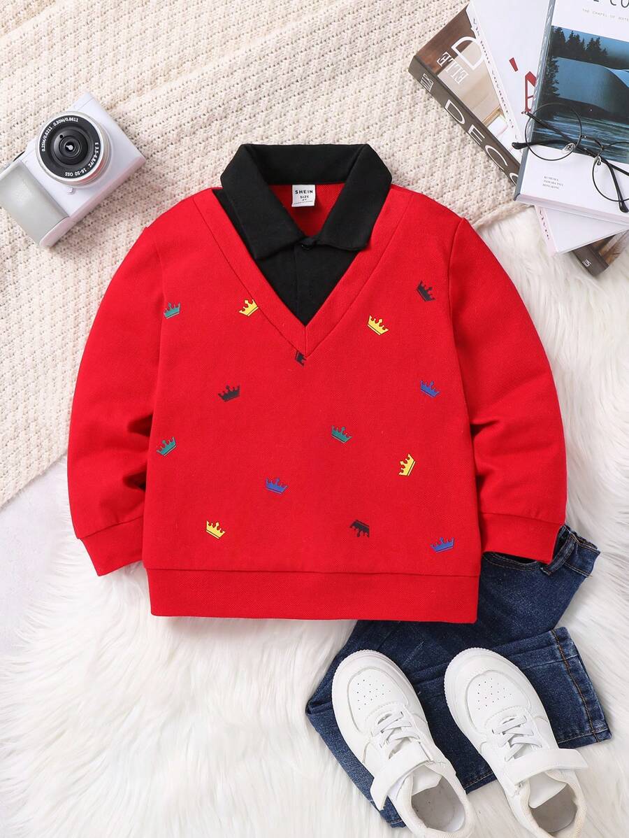 SHEIN 1pc Young Boy Casual College Style Crown Pattern Long Sleeve Polo Shirt-6