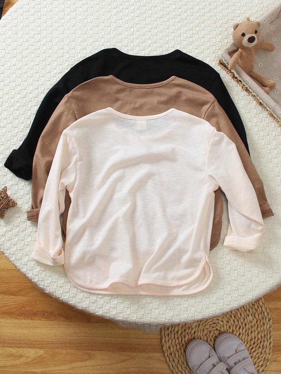 Set Young Boy Long Sleeve T-Shirts, Black Round Neck With Hem Split-2