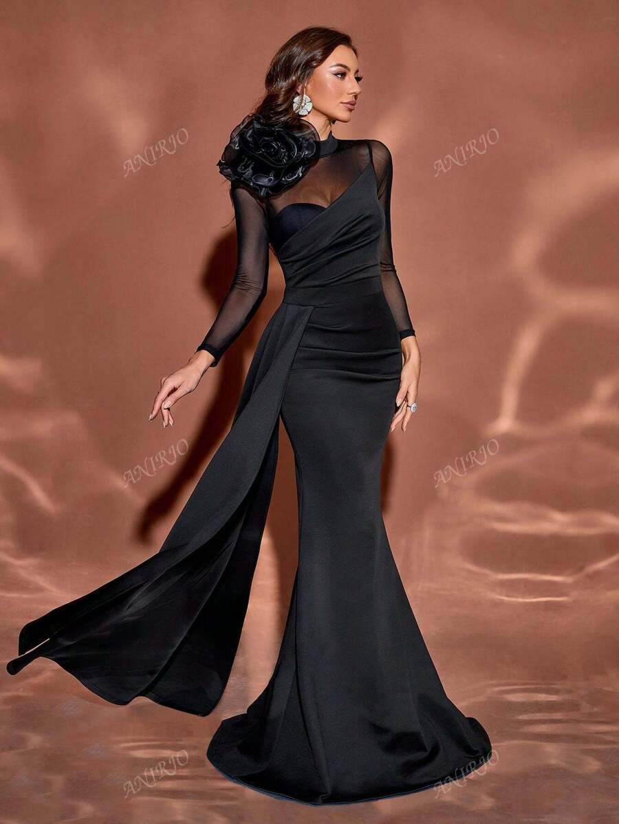 3D Floral Mesh Spliced Long Sleeve Bodycon Dress With Fishtail Skirt, Suitable For Banquet-7