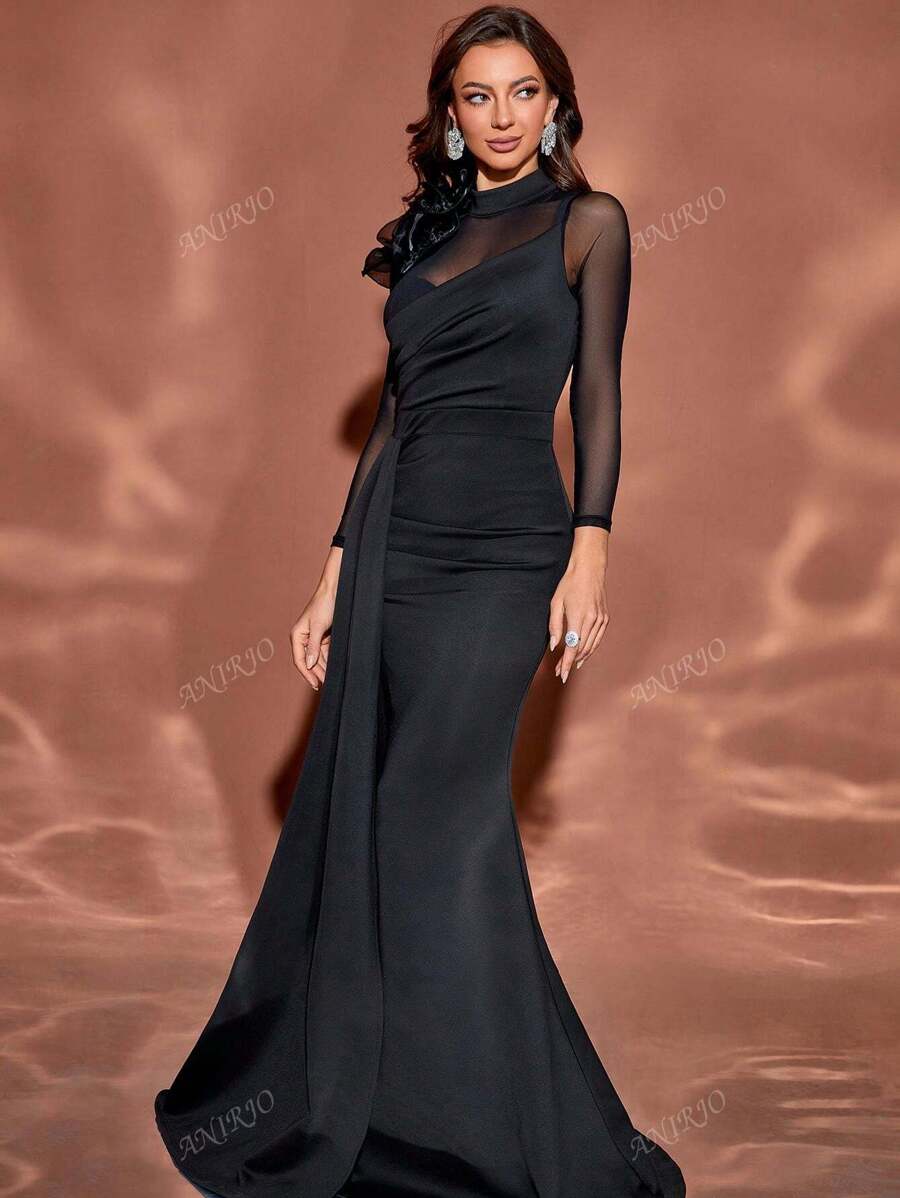 3D Floral Mesh Spliced Long Sleeve Bodycon Dress With Fishtail Skirt, Suitable For Banquet-9