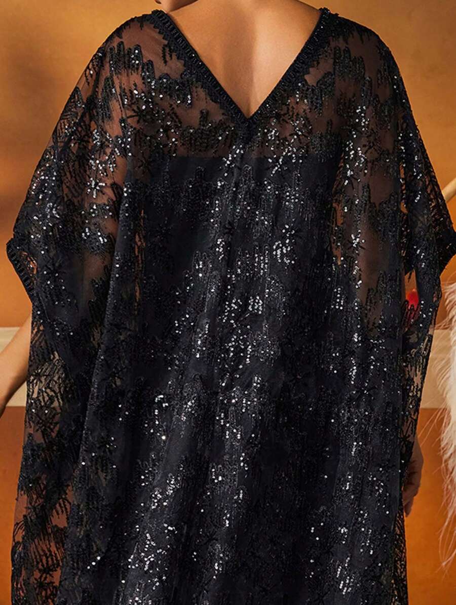 AmazingHoney Luxurious Black Tulle Sequin Floor-Length Kaftan-10