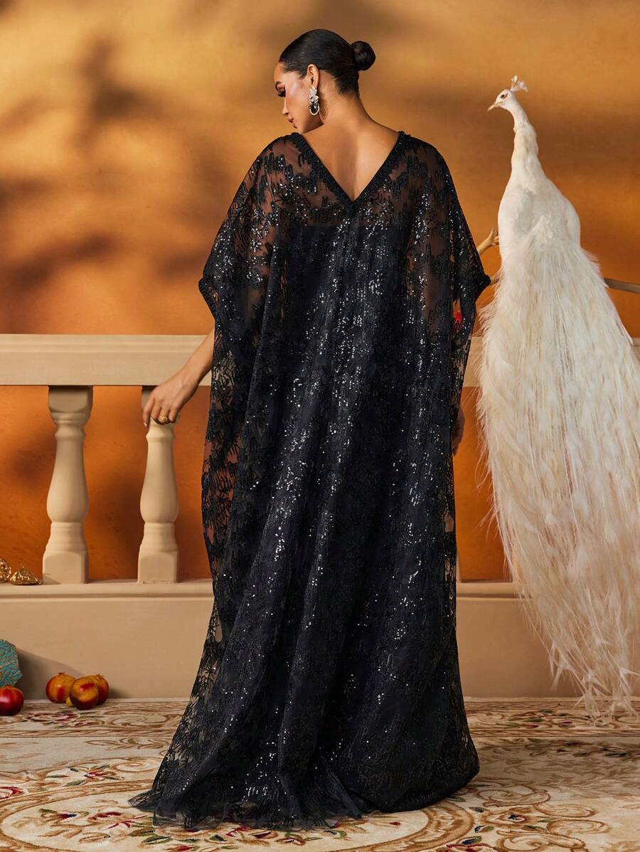 AmazingHoney Luxurious Black Tulle Sequin Floor-Length Kaftan-2