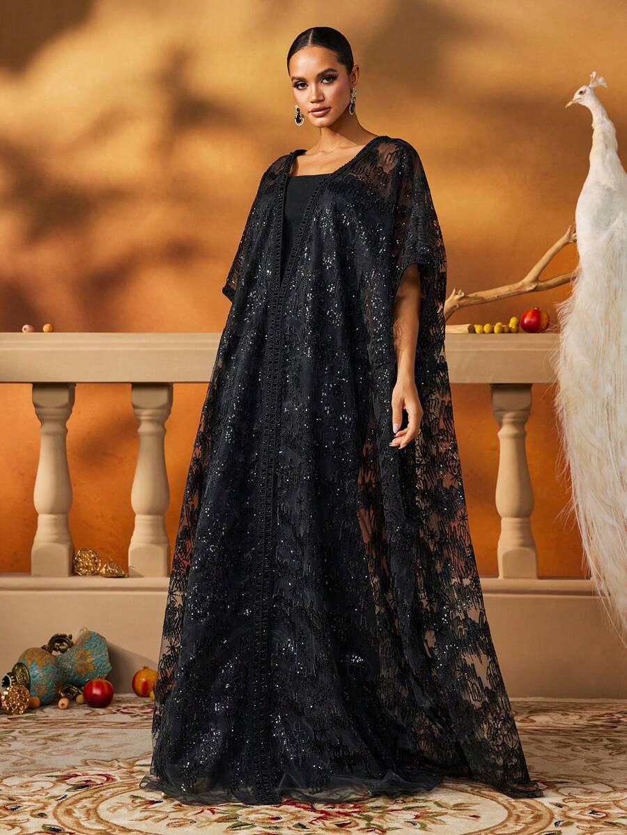 AmazingHoney Luxurious Black Tulle Sequin Floor-Length Kaftan-3