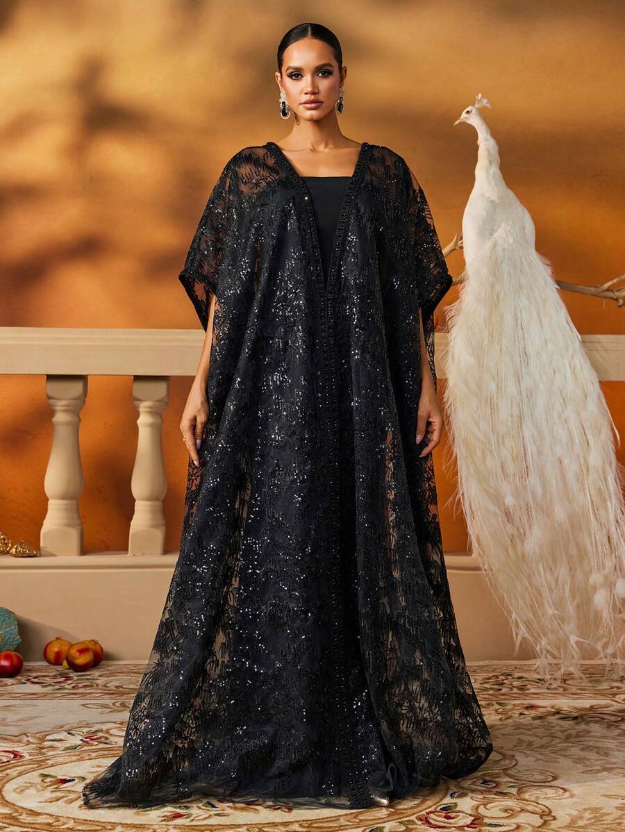 AmazingHoney Luxurious Black Tulle Sequin Floor-Length Kaftan-4