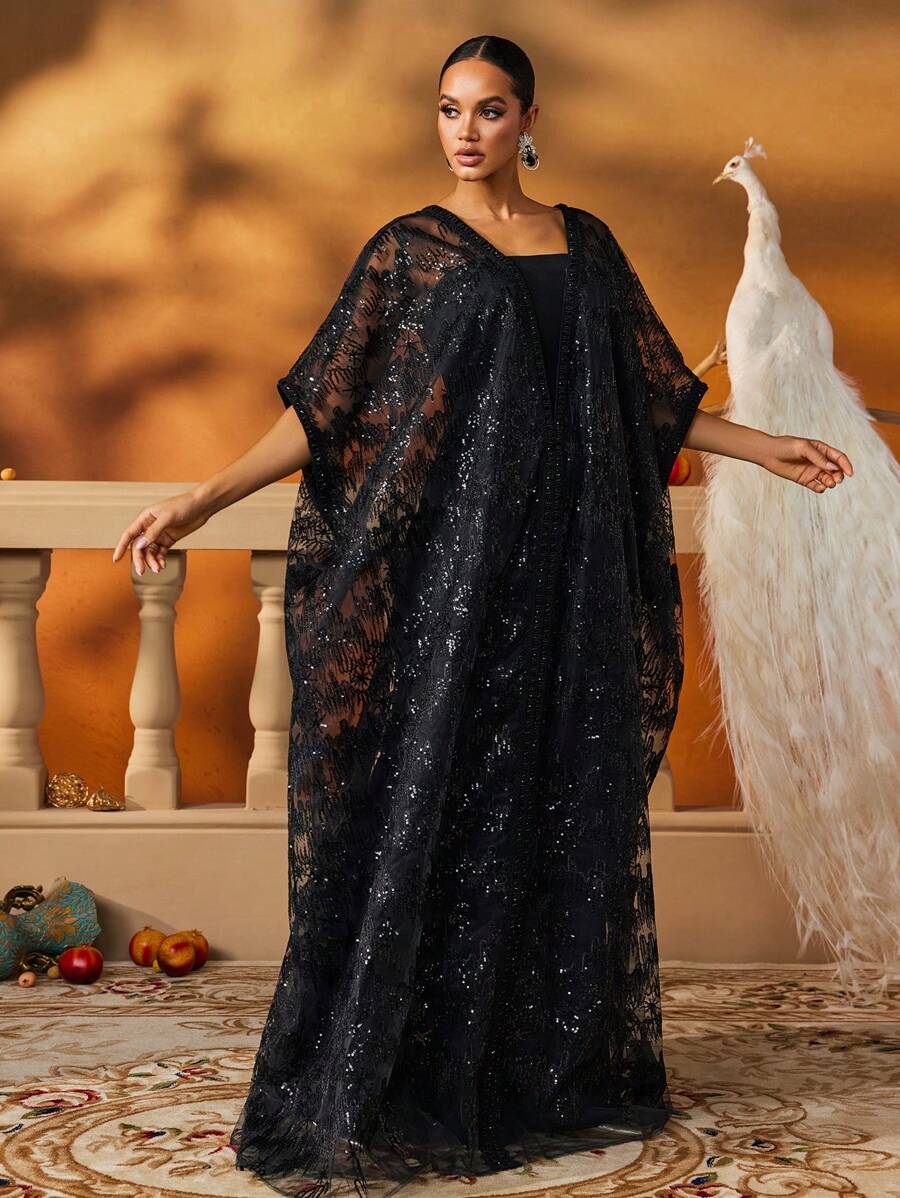AmazingHoney Luxurious Black Tulle Sequin Floor-Length Kaftan-5