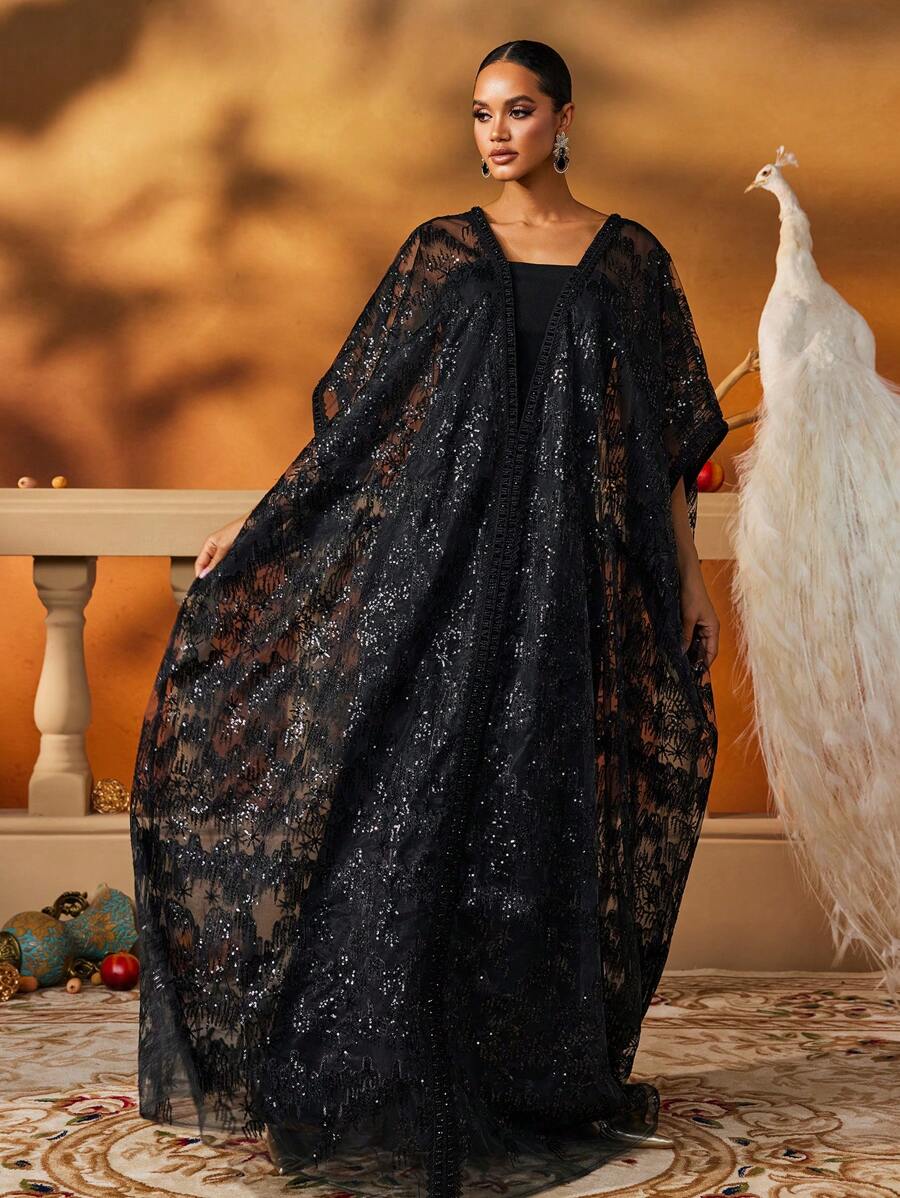 AmazingHoney Luxurious Black Tulle Sequin Floor-Length Kaftan-6