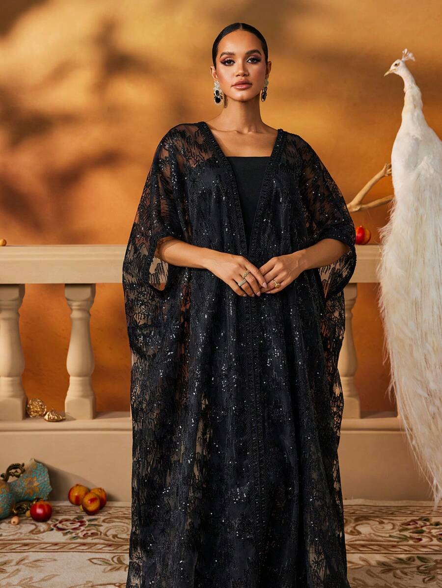 AmazingHoney Luxurious Black Tulle Sequin Floor-Length Kaftan-7
