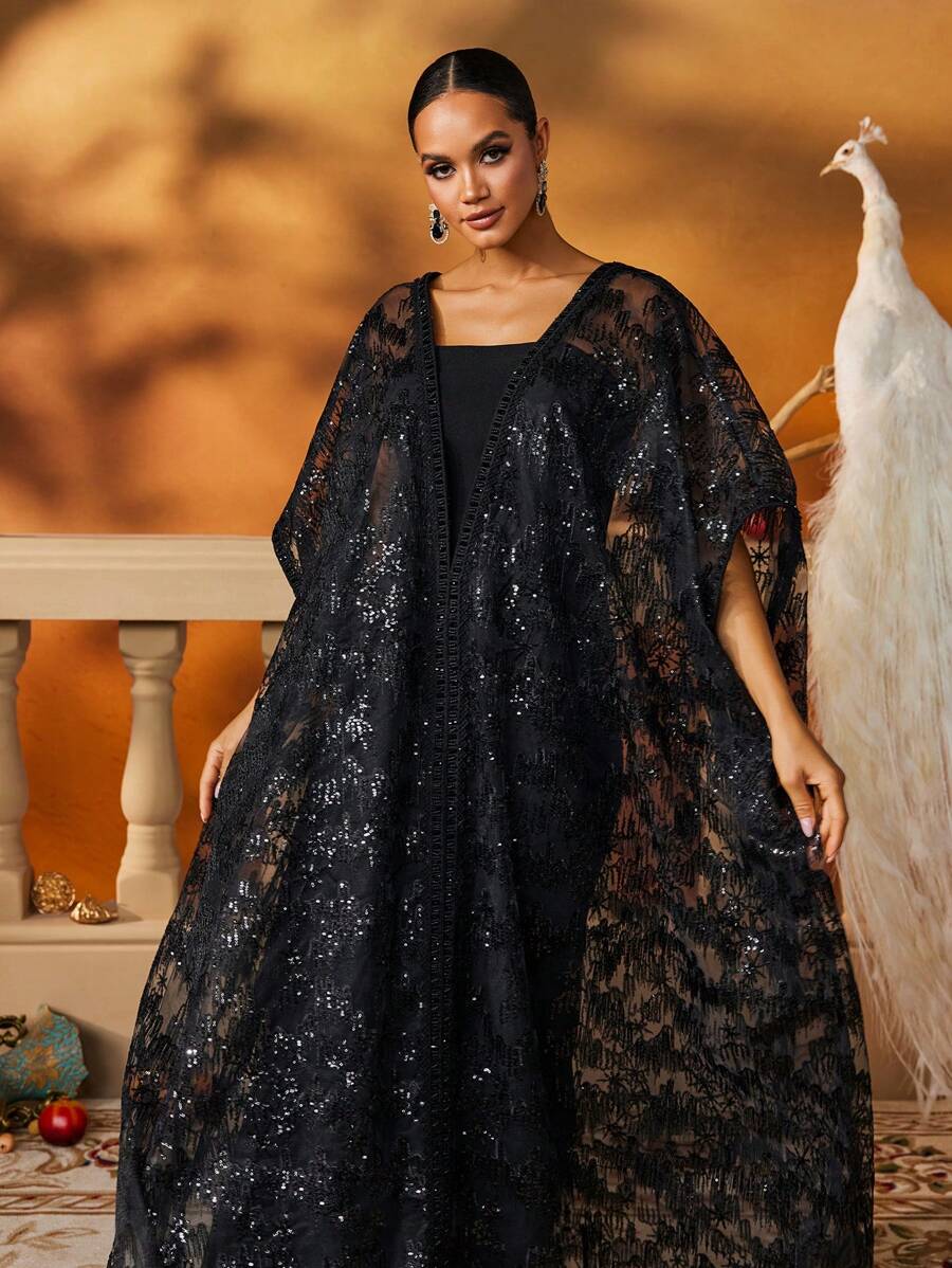 AmazingHoney Luxurious Black Tulle Sequin Floor-Length Kaftan-8