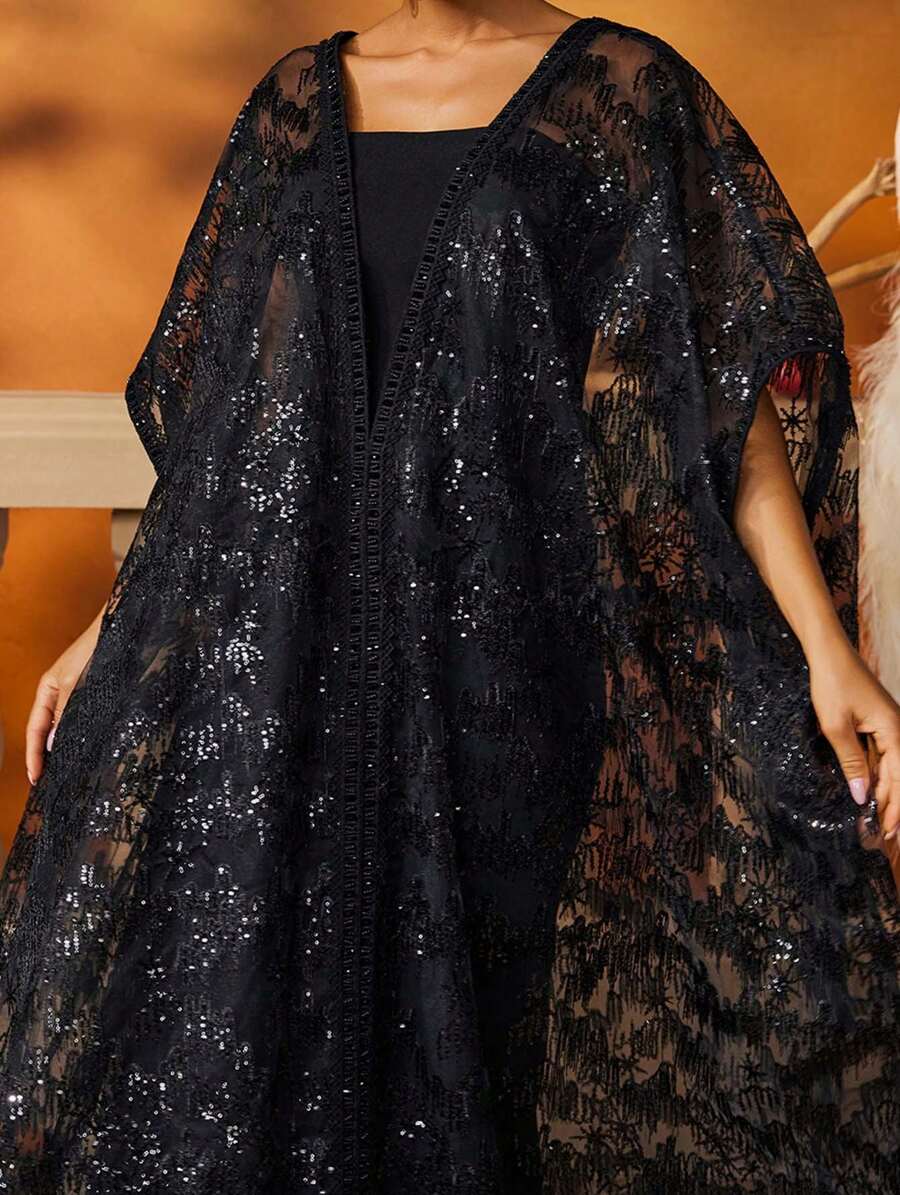 AmazingHoney Luxurious Black Tulle Sequin Floor-Length Kaftan-9