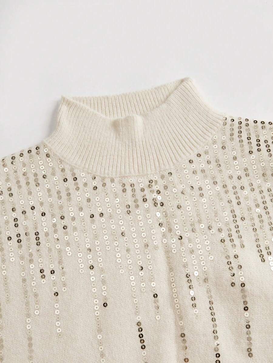 Elenzga Solid Color Sequin Splicing Stand Collar Batwing-5