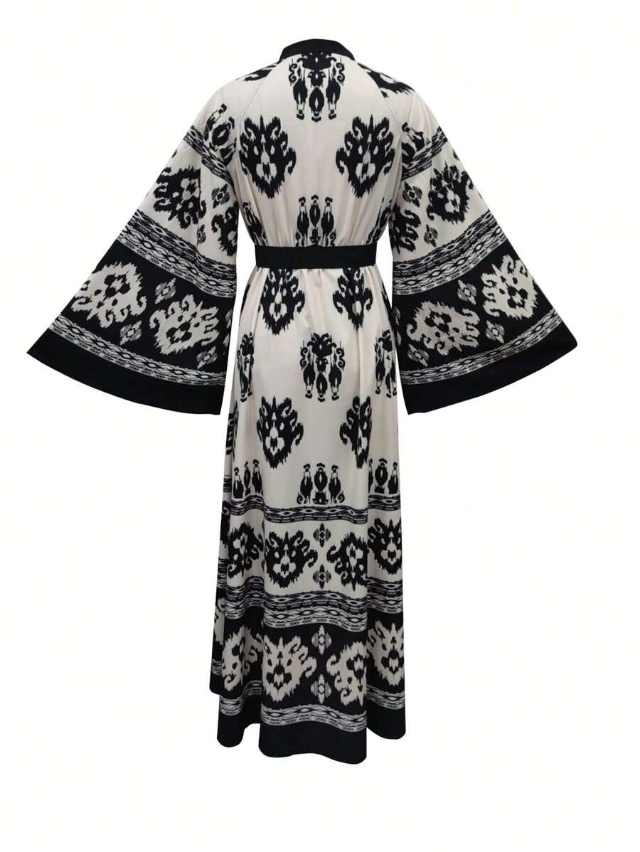 Full Print Color-Blocking Bell Sleeve Loose Belted Arabian Modest Long Sleeve Dress-2