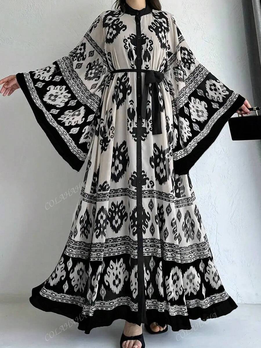 Full Print Color-Blocking Bell Sleeve Loose Belted Arabian Modest Long Sleeve Dress-3