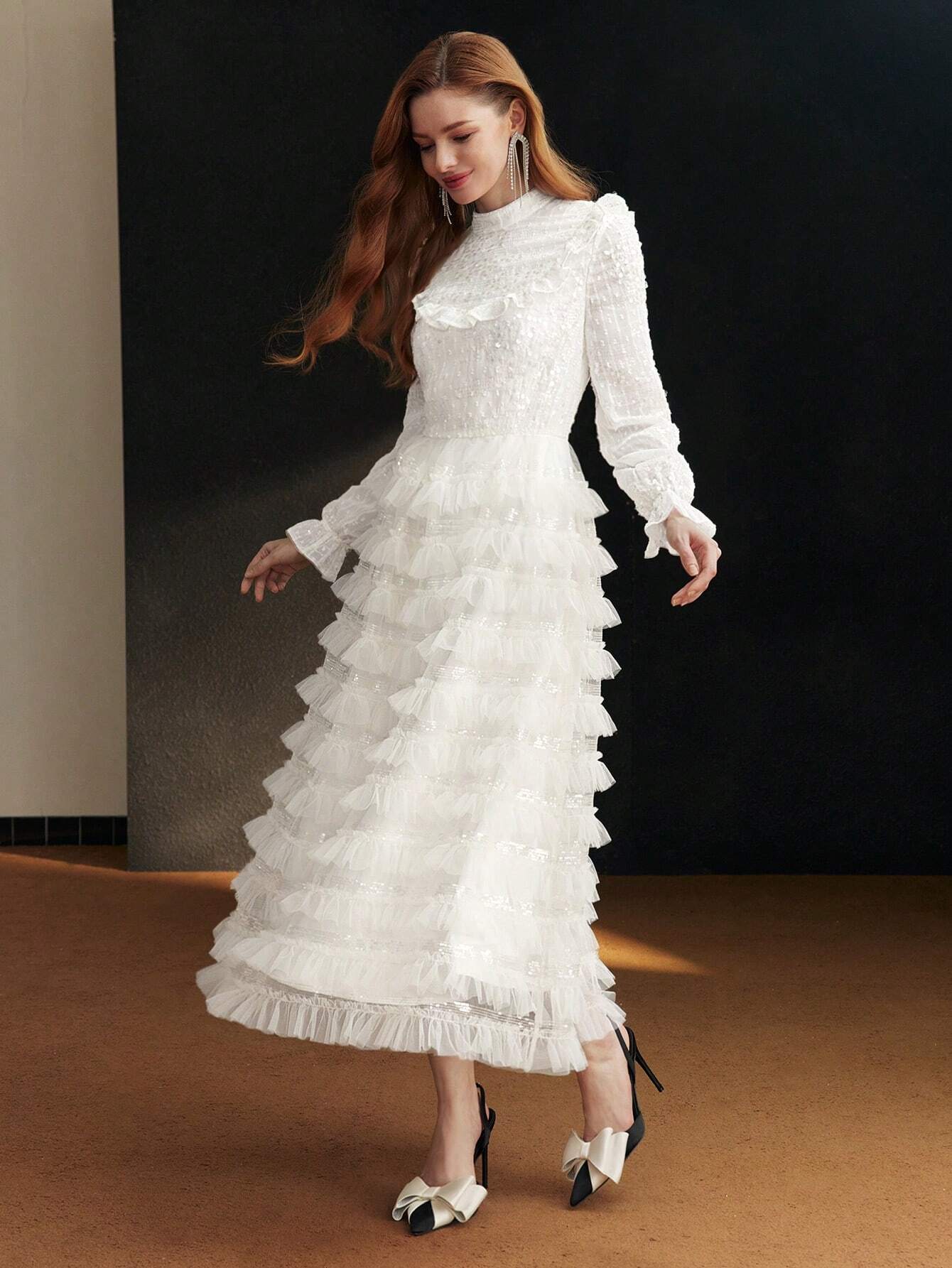 MOTF PREMIUM CONTRAST MESH RUFFLE TRIM FORMAL DRESS-10