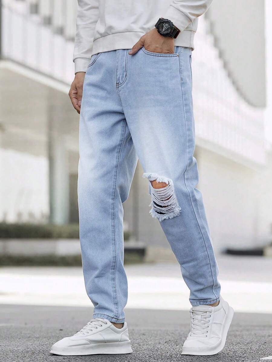 Manfinity EMRG Men's Distressed Denim Jeans With Printed Words-2