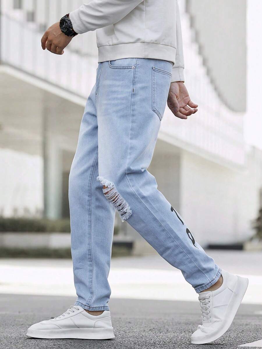 Manfinity EMRG Men's Distressed Denim Jeans With Printed Words-4