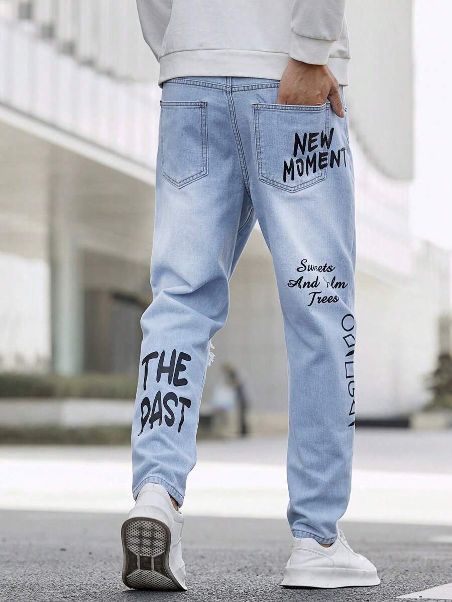 Manfinity EMRG Men's Distressed Denim Jeans With Printed Words-5