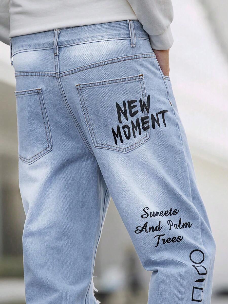 Manfinity EMRG Men's Distressed Denim Jeans With Printed Words-6